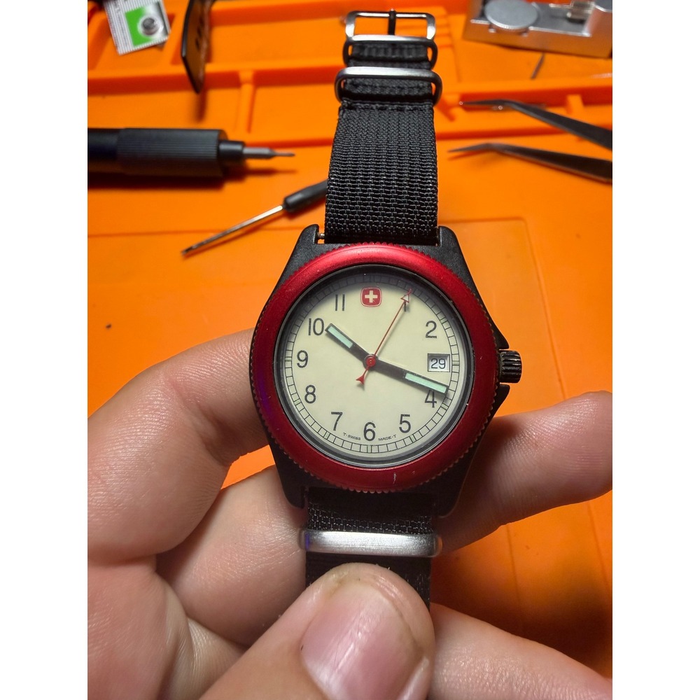 Wenger Swiss Military Watch Mens Red Bezel Black Nylon Strap Date Ivory Dial